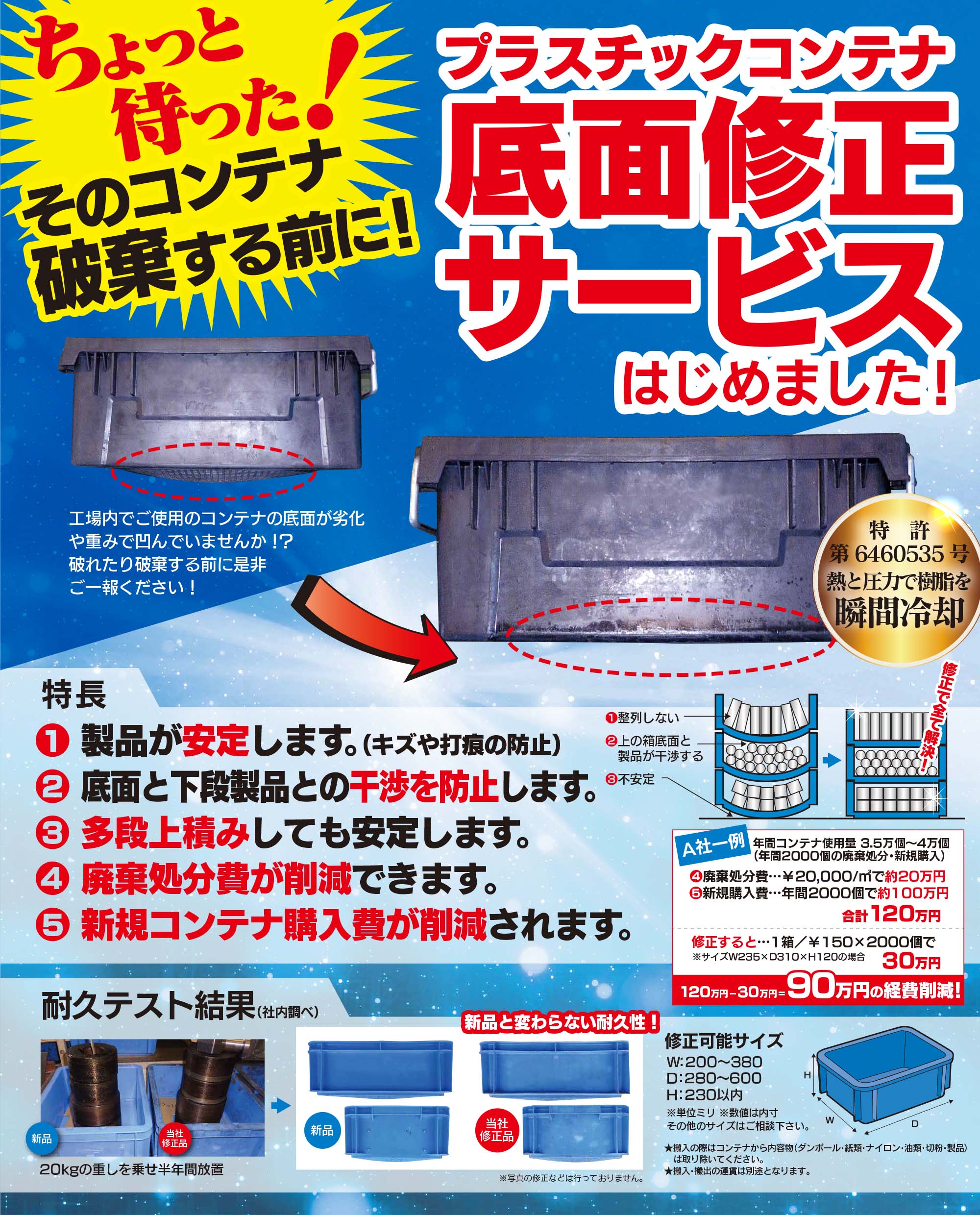 ちょっと待った！そのコンテナ破棄する前に！プラスチックコンテナ底面修正サービスはじめました！工場内でご使用のコンテナの底面が劣化や重みで凹んでいませんか？耐久テストの結果、新品と変わらない耐久性！敗れたり破棄する前にぜひご一報ください！特徴：[1] 製品が安定します（傷や打痕の防止）[2] 底面と下段製品との鑑賞を防止します。[3] 多段上積みしても安定します。[4] 廃棄処分費が削減できます。[5] 新規コンテナ購入費が削減されます。
